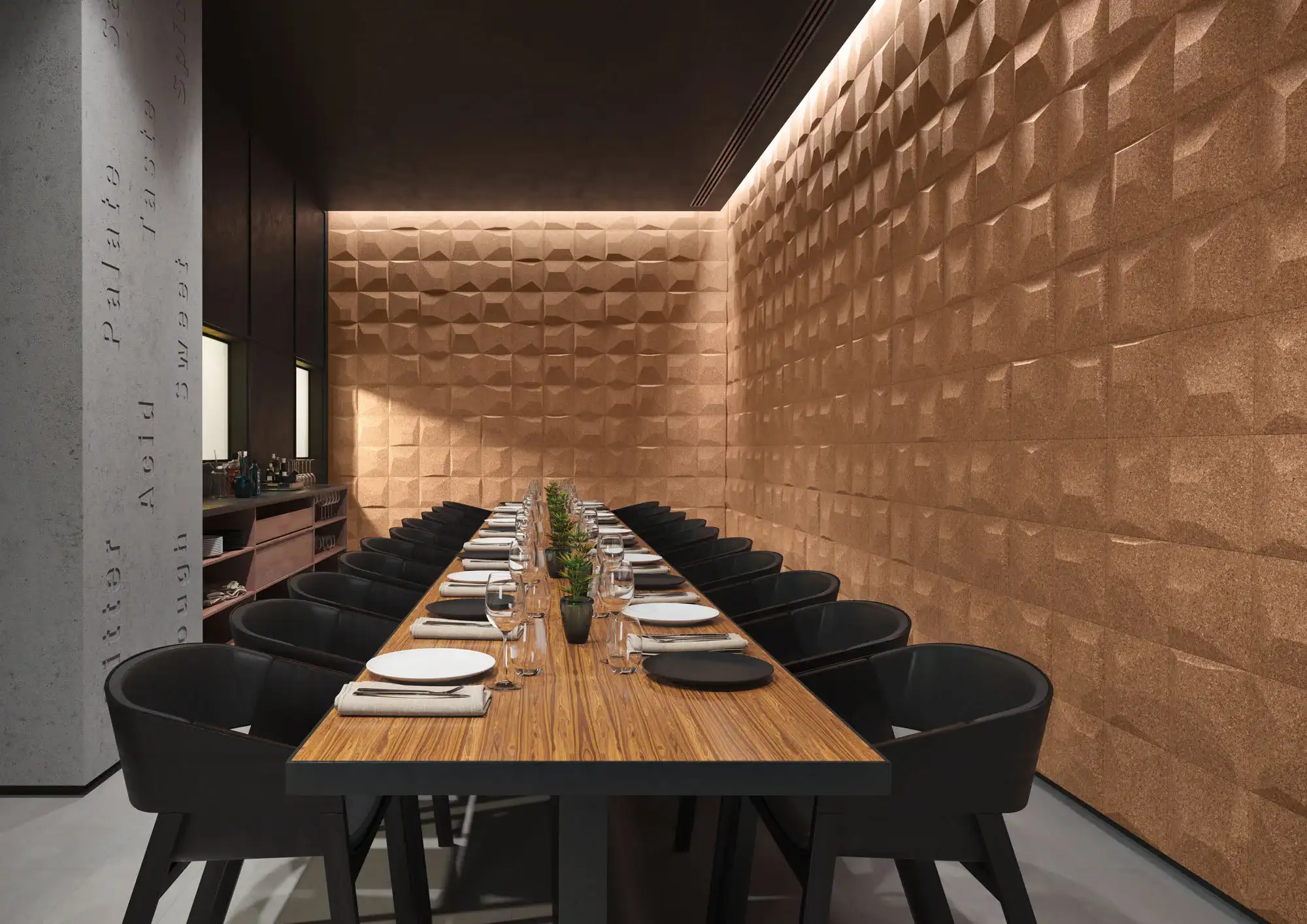 Acoustic wall panel made with cork with 3d features