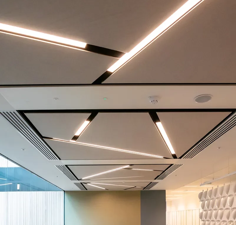 vision vibe acoustic ceiling with integrated led lighting housed in c section powdercoated frame 06