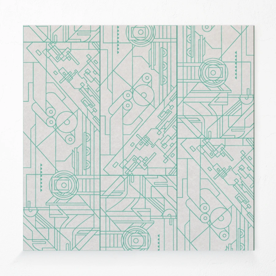 Compressed polyester acoustic wall panel with blueprint printed design in aqua