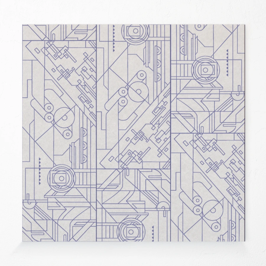Compressed polyester acoustic wall panel with blueprint printed design in blue