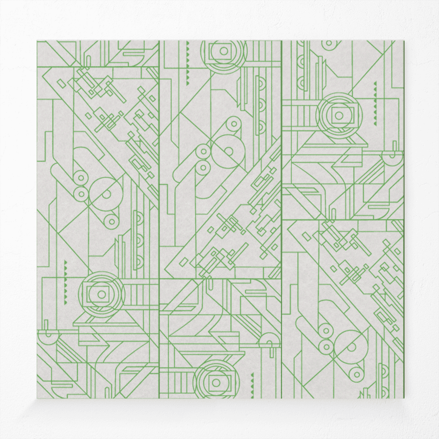 Compressed polyester acoustic wall panel with blueprint printed design in green