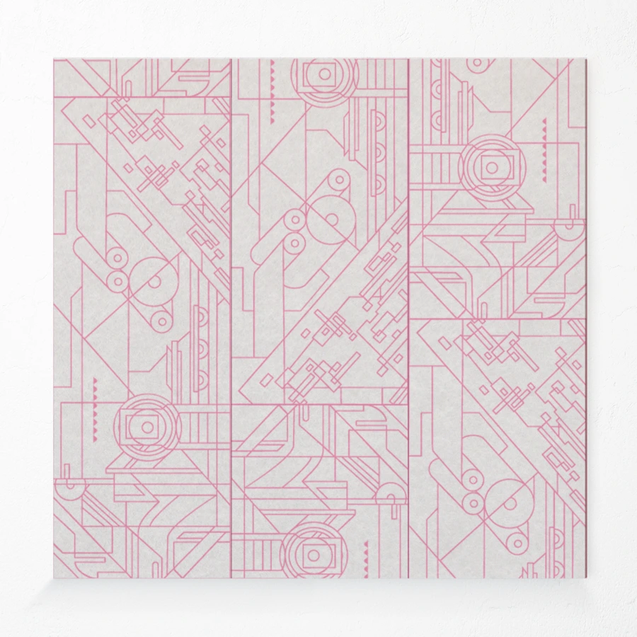 Compressed polyester acoustic wall panel with blueprint printed design in pink