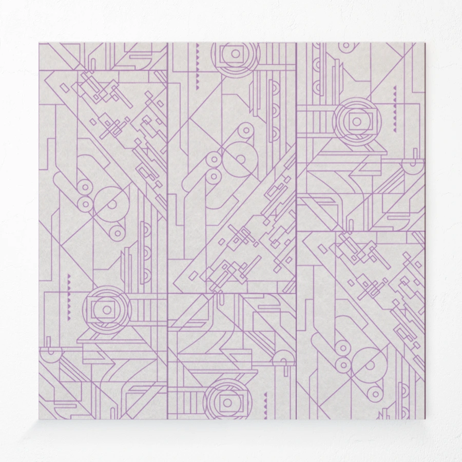 Compressed polyester acoustic wall panel with blueprint printed design in purple
