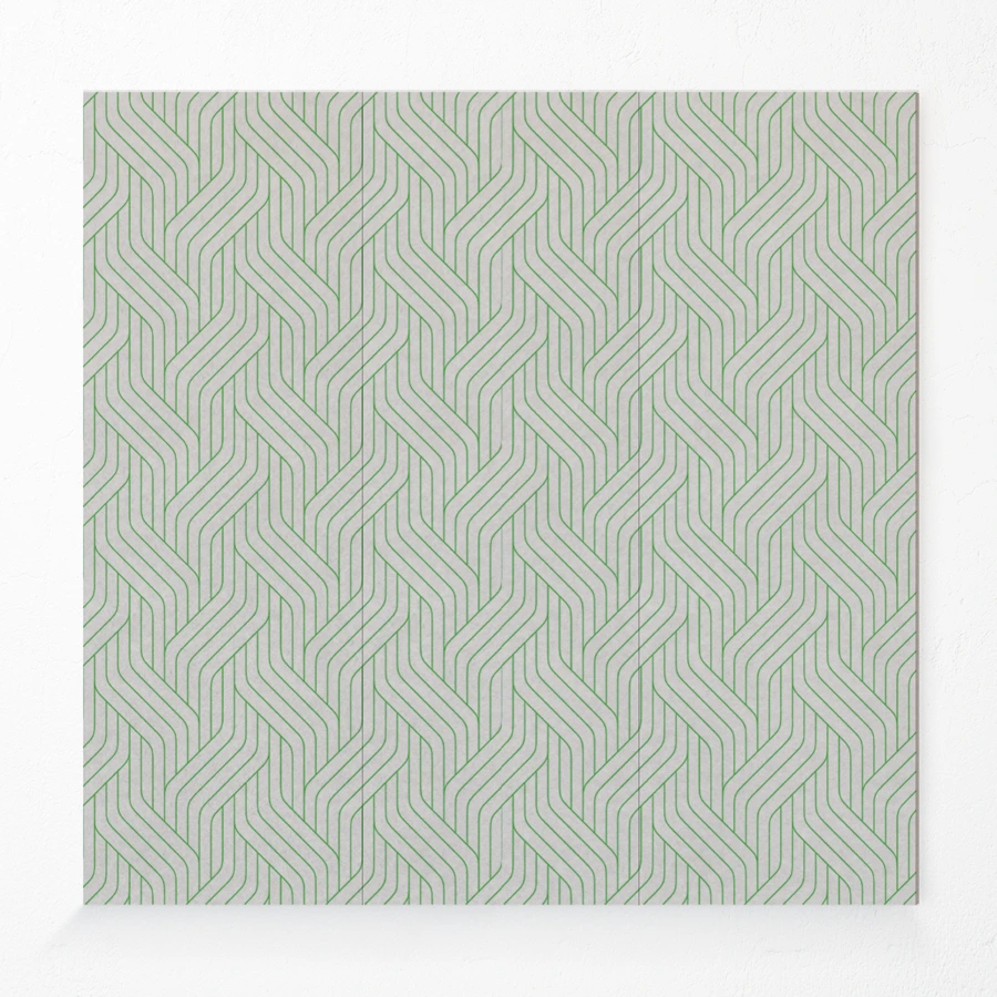 Compressed polyester acoustic wall panel with intertwined lines printed design in green