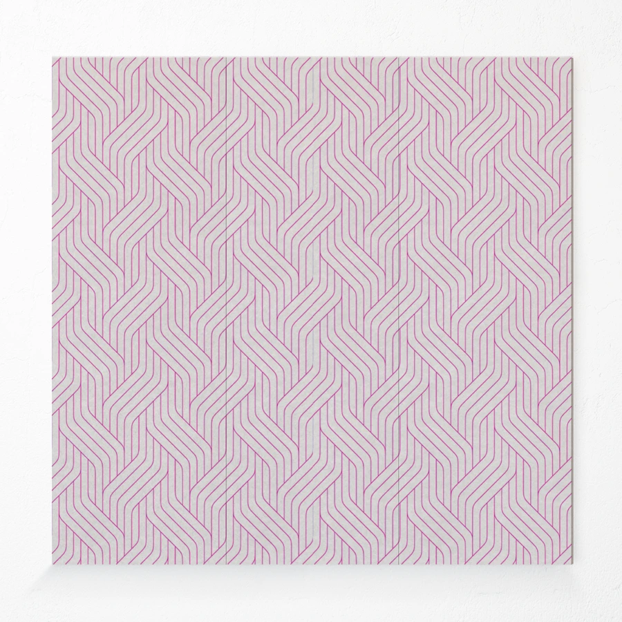 Compressed polyester acoustic wall panel with intertwined lines printed design in pink