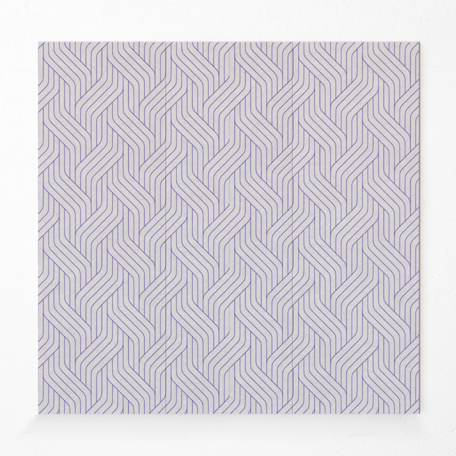 Compressed polyester acoustic wall panel with intertwined lines printed design in purple.