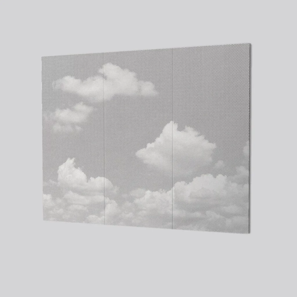 Compressed polyester acoustic wall panel with clouds printed design