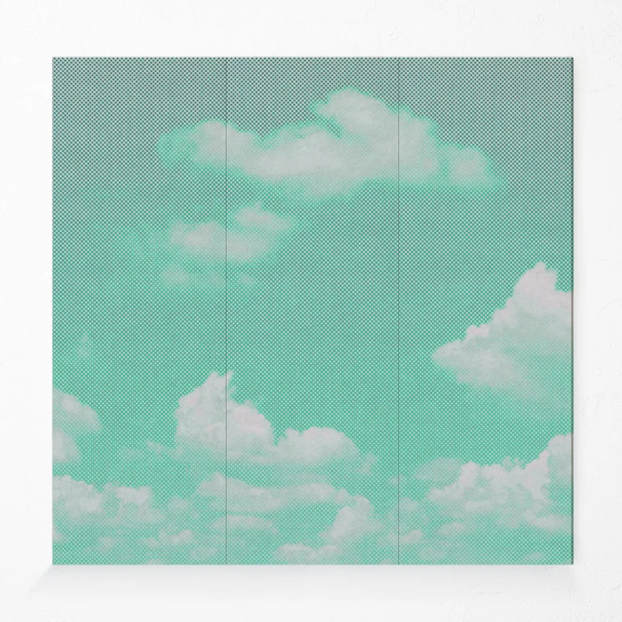 Compressed polyester acoustic wall panel with clouds printed design in aqua