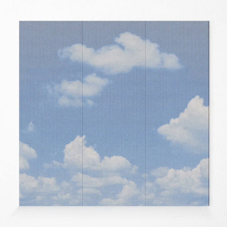 Compressed polyester acoustic wall panel with clouds printed design in blue