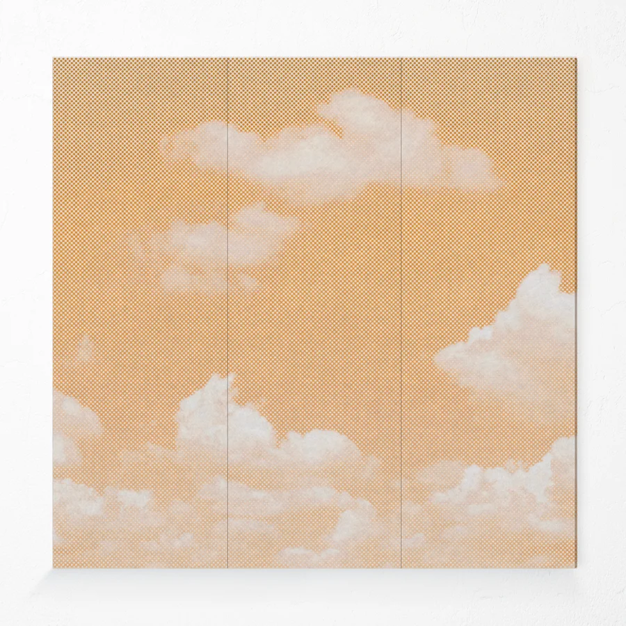 Compressed polyester acoustic wall panel with clouds printed design in orange