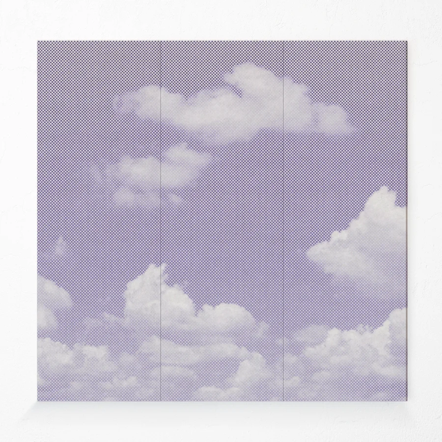 Compressed polyester acoustic wall panel with clouds printed design in purple