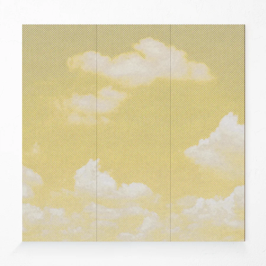 Compressed polyester acoustic wall panel with clouds printed design in yellow
