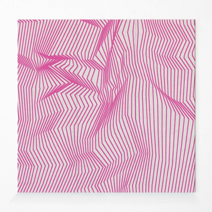 Acoustic compressed polyester wall panel with printed lines design in pink