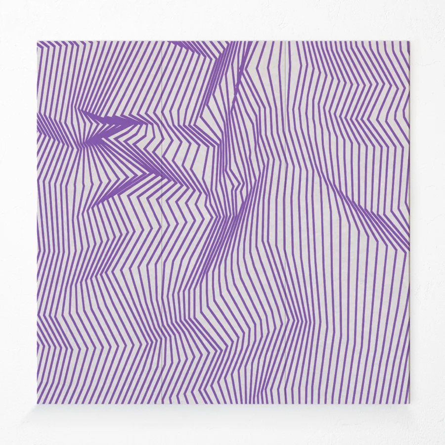 Acoustic compressed polyester wall panel with printed lines design in purple
