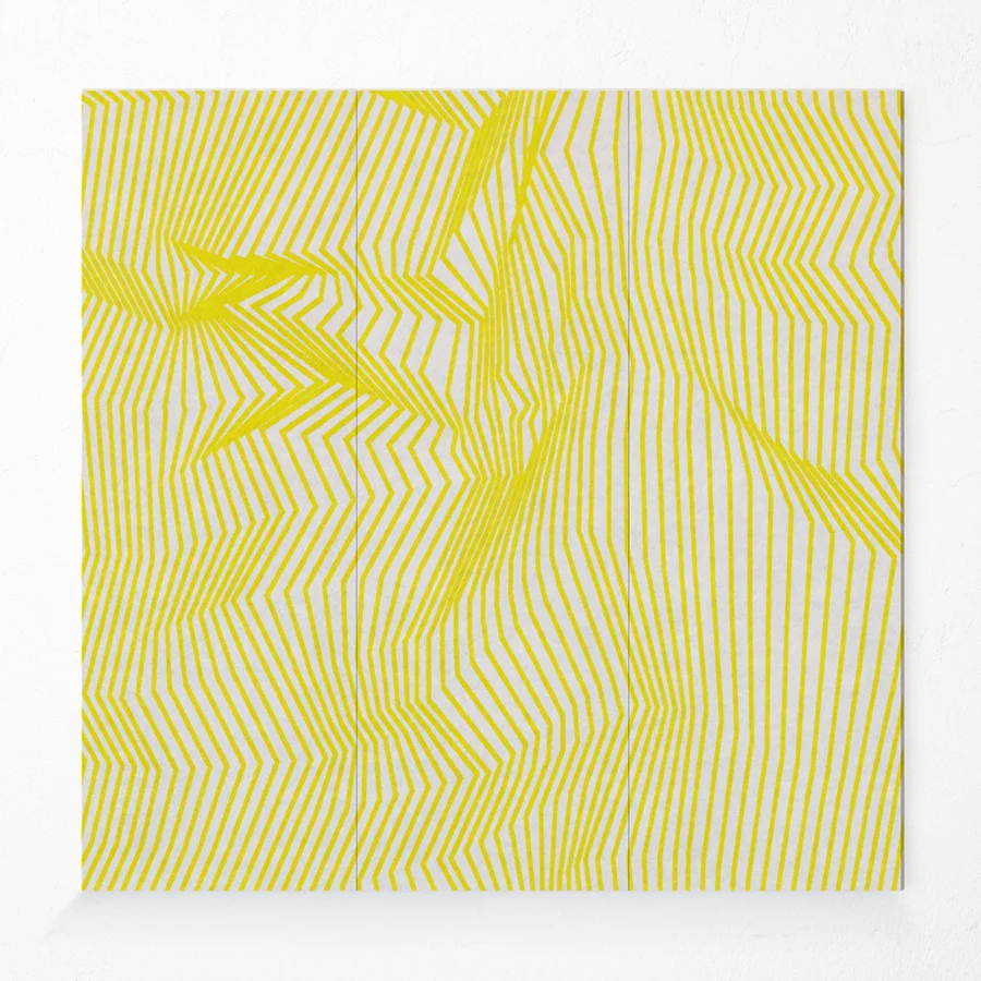 Acoustic compressed polyester wall panel with printed lines design in yellow