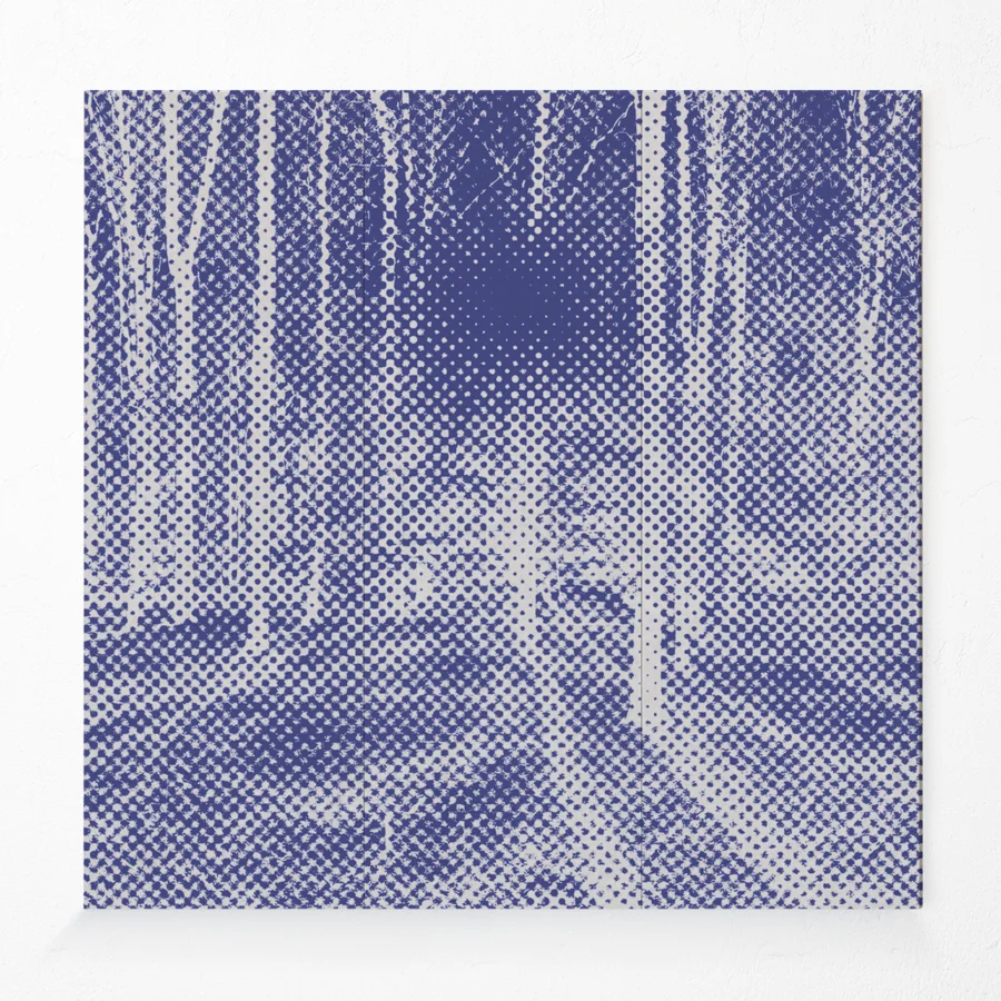 Acoustic compressed polyester wall panel with forest design in blue