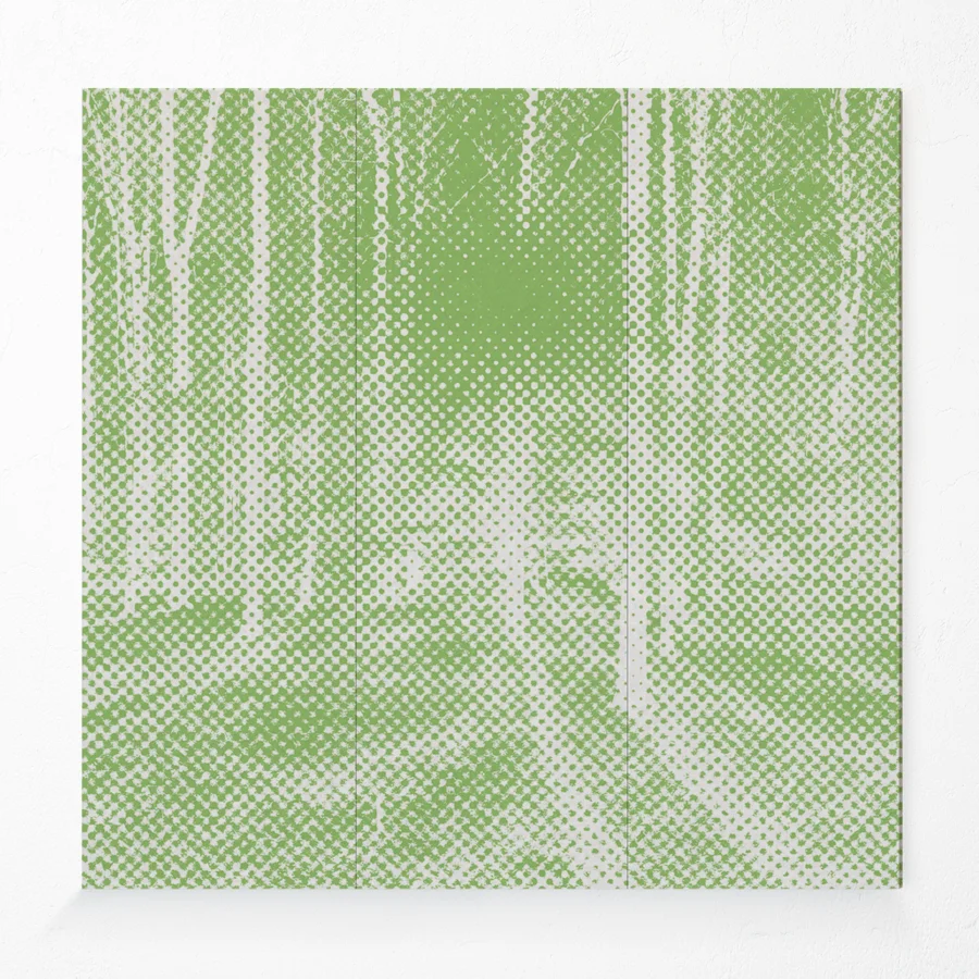 Acoustic compressed polyester wall panel with forest design in green