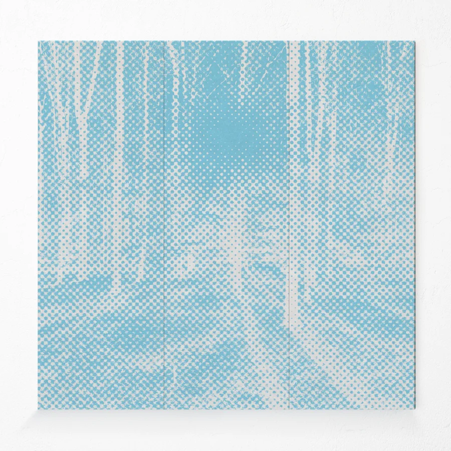 Acoustic compressed polyester wall panel with forest design in light blue