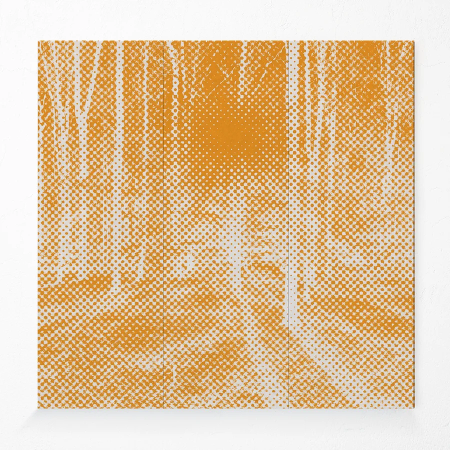 Acoustic compressed polyester wall panel with forest design in orange