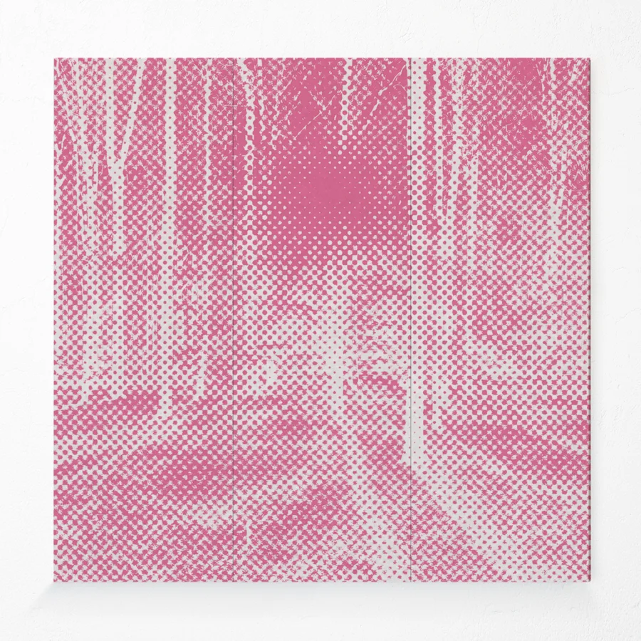Acoustic compressed polyester wall panel with forest design in pink
