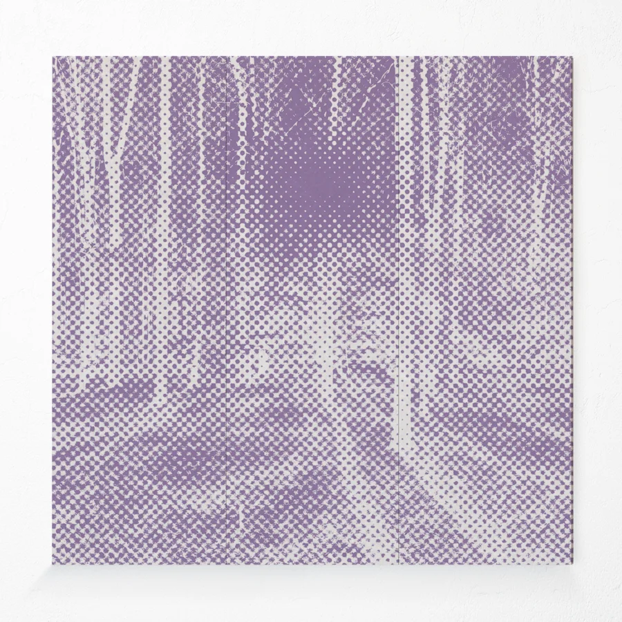 Acoustic compressed polyester wall panel with forest design in purple