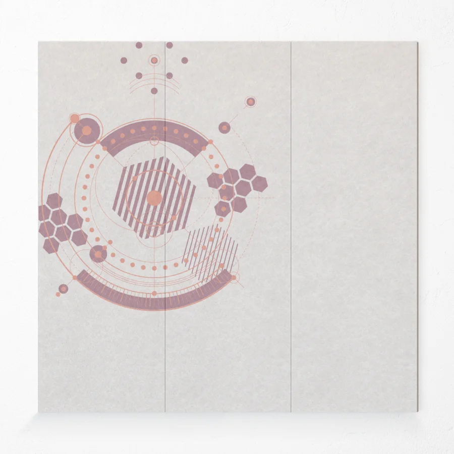 Acoustic compressed polyester wall panel with printed design in dusty pink