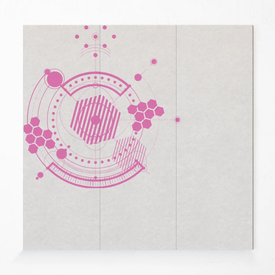 Acoustic compressed polyester wall panel with printed design in pink