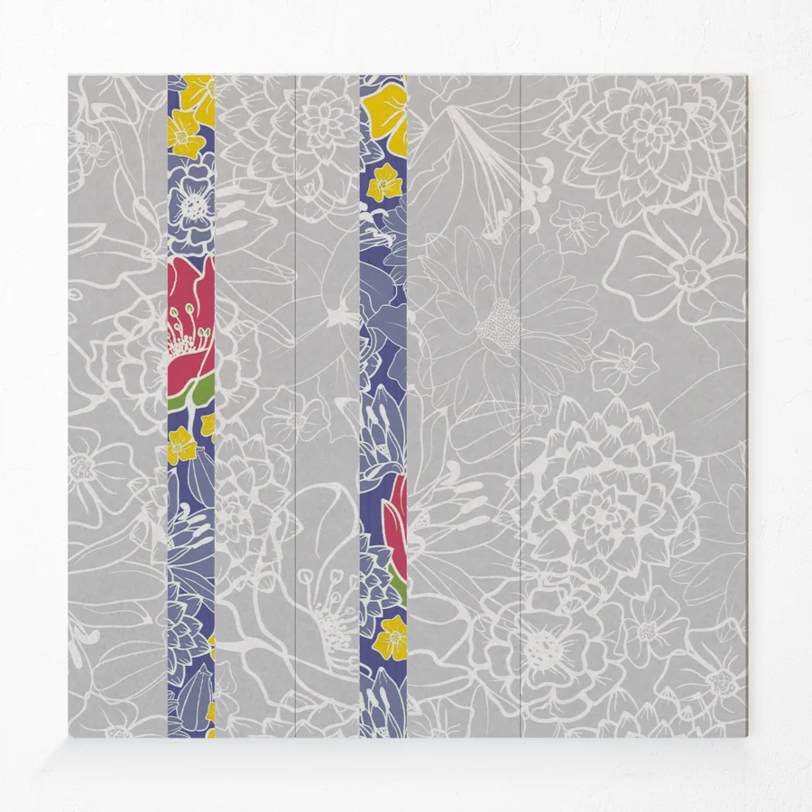 Acoustic compressed polyester wall panel with printed flowers design and two coloured stripes in blue