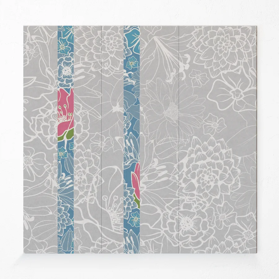 Acoustic compressed polyester wall panel with printed flowers design and two coloured stripes in light blue