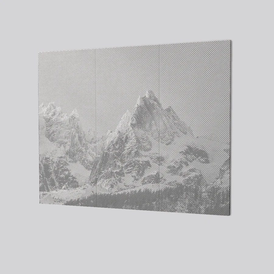 Acoustic compressed polyester wall panel with mountain design in grey