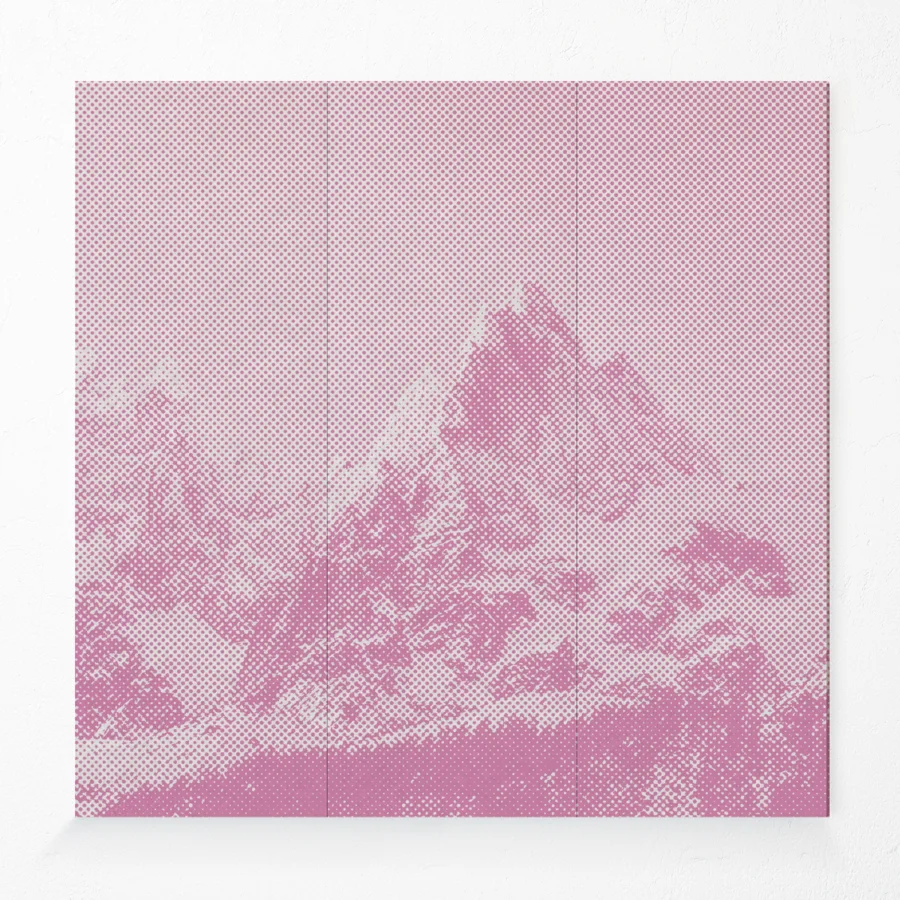 Acoustic compressed polyester wall panel with mountain design in pink