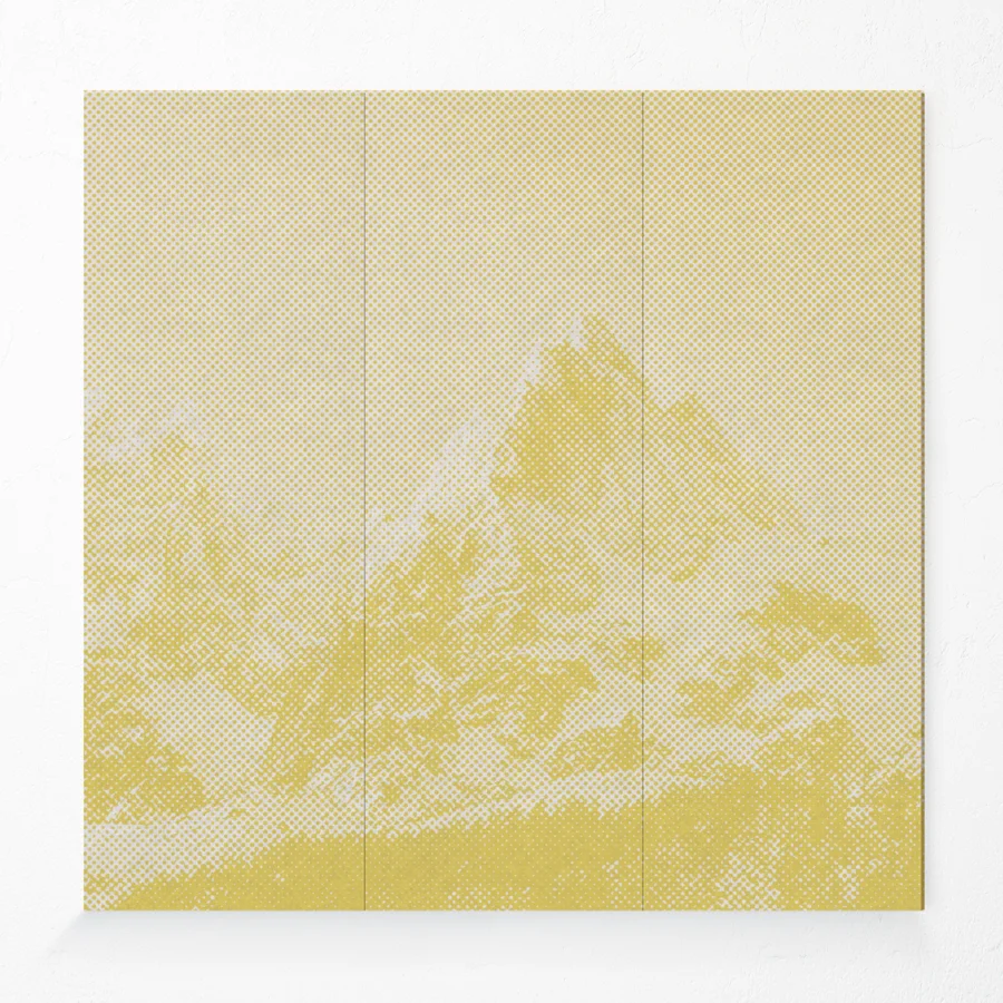 Acoustic compressed polyester wall panel with mountain design in yellow