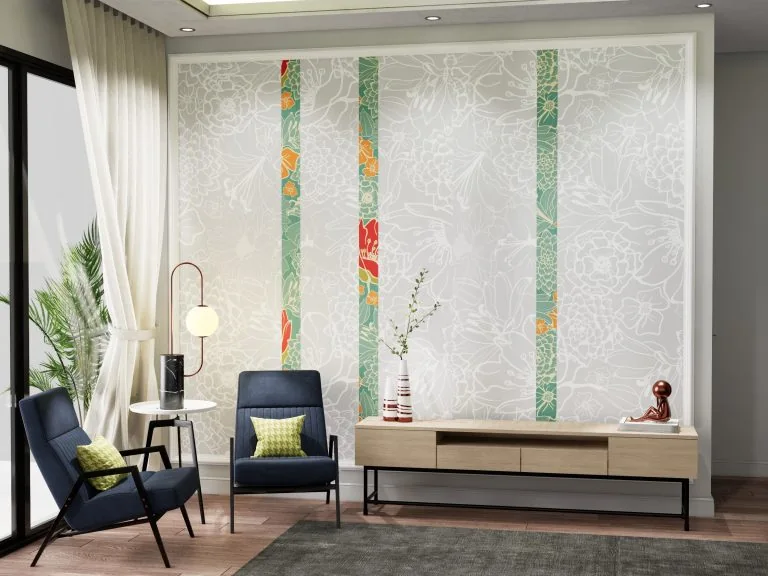 Garden design on the wall in the colour grey with colours