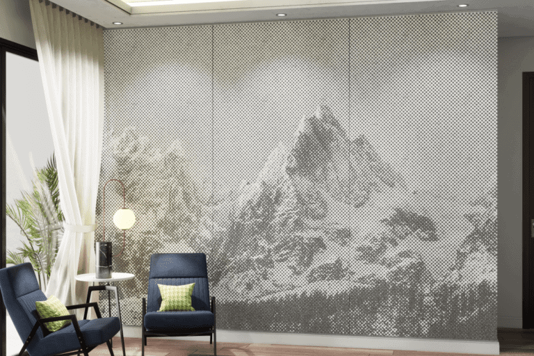 Halftone Mountain design on the wall in the colour grey