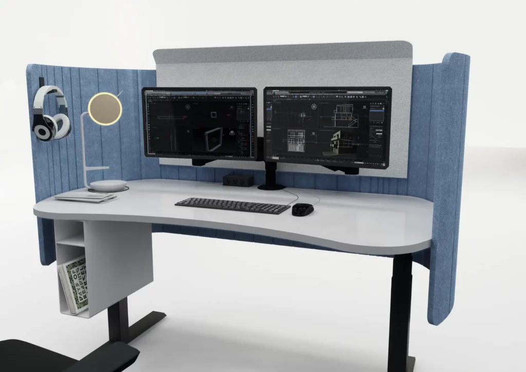Modular desk with blue acoustic screen