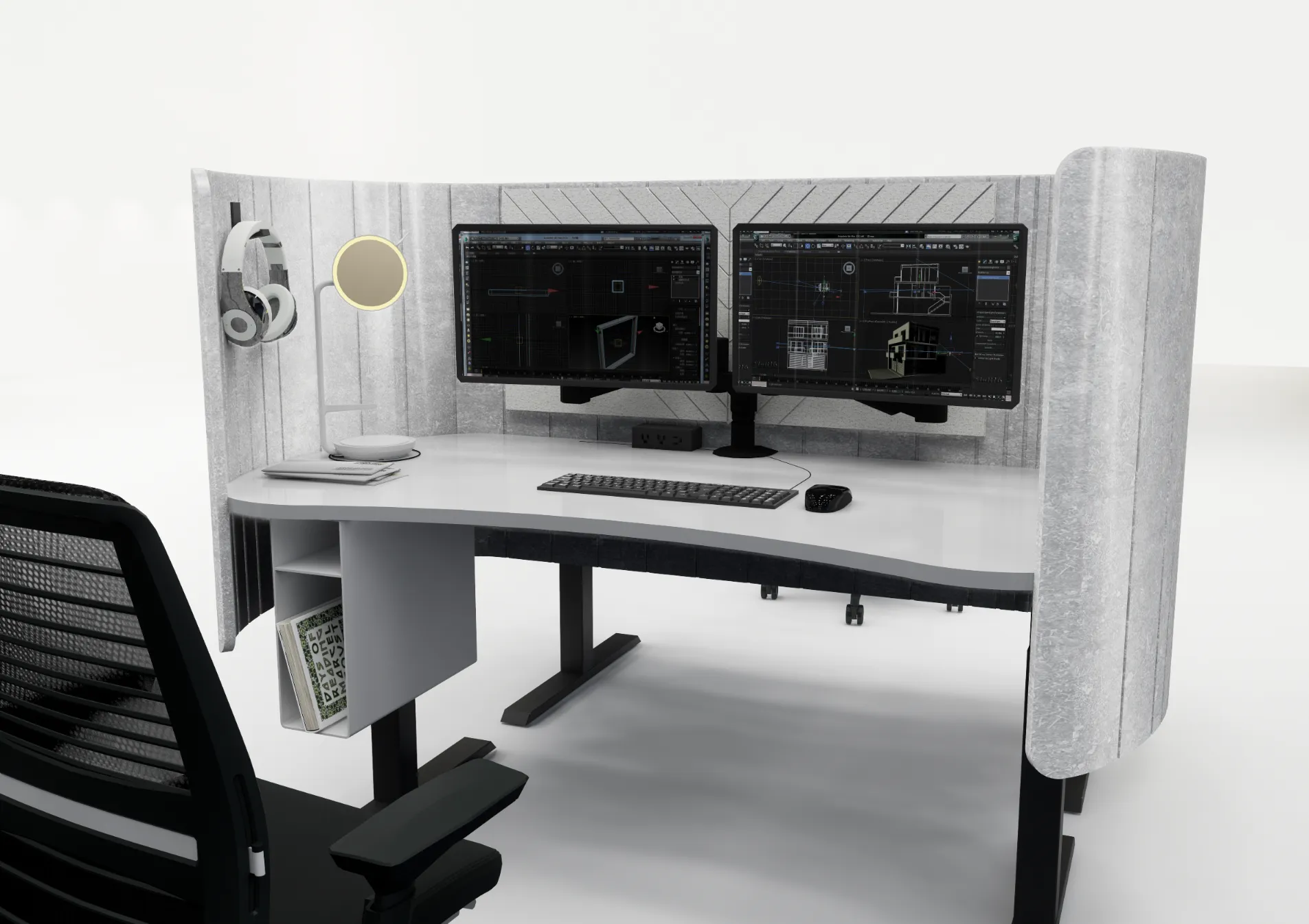Modular desk with grey acoustic screen