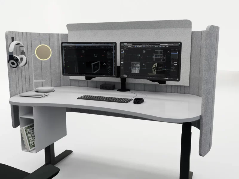 Modular desk with grey acoustic screen
