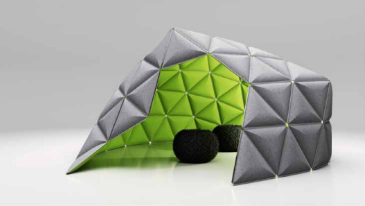 A green and grey igloo acoustic meeting pod.