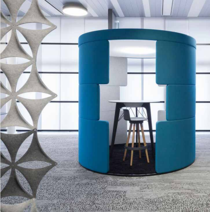 A blue free standing meeting pods