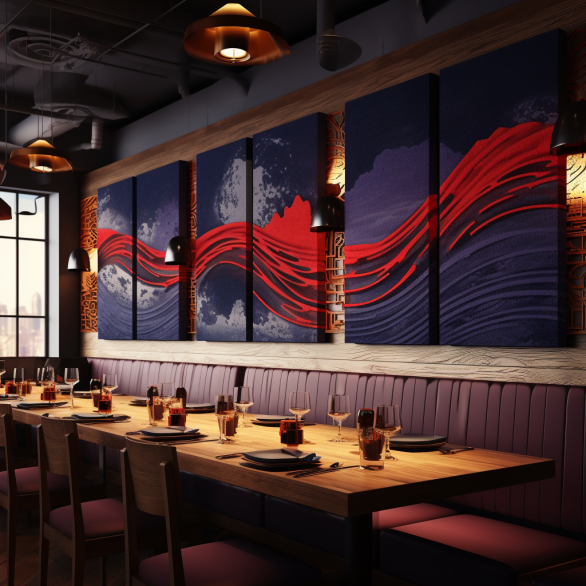 Acoustic panels with red artwork in a restaurant setting.