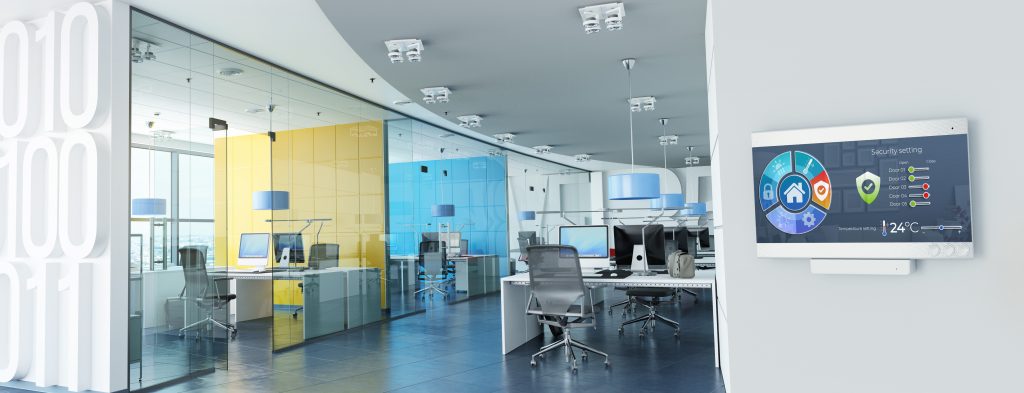 3d,Rendering,Of,Modern,Offices,With,A,Control,Panel,Controlling