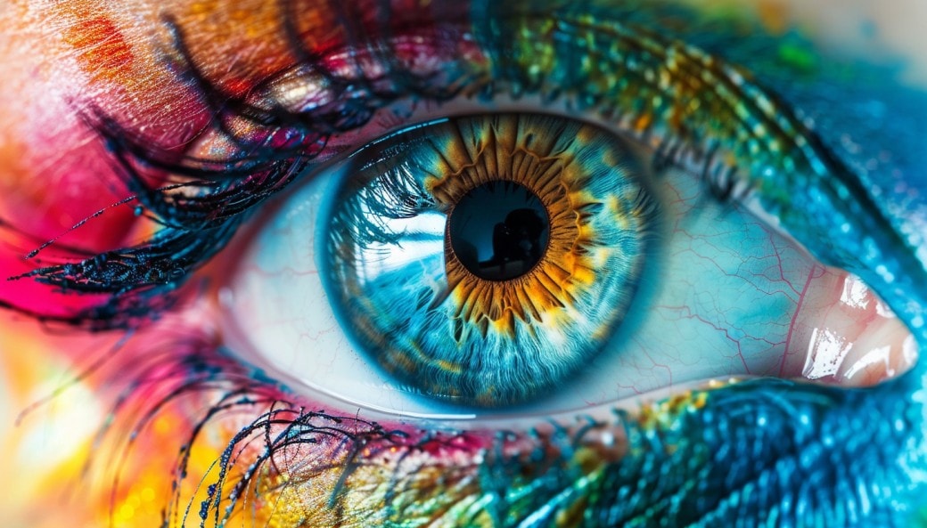 Close up of an eye covered with rainbow colours