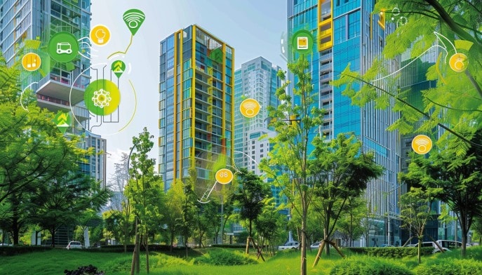 Eco friendly smart city covered in lush greenery
