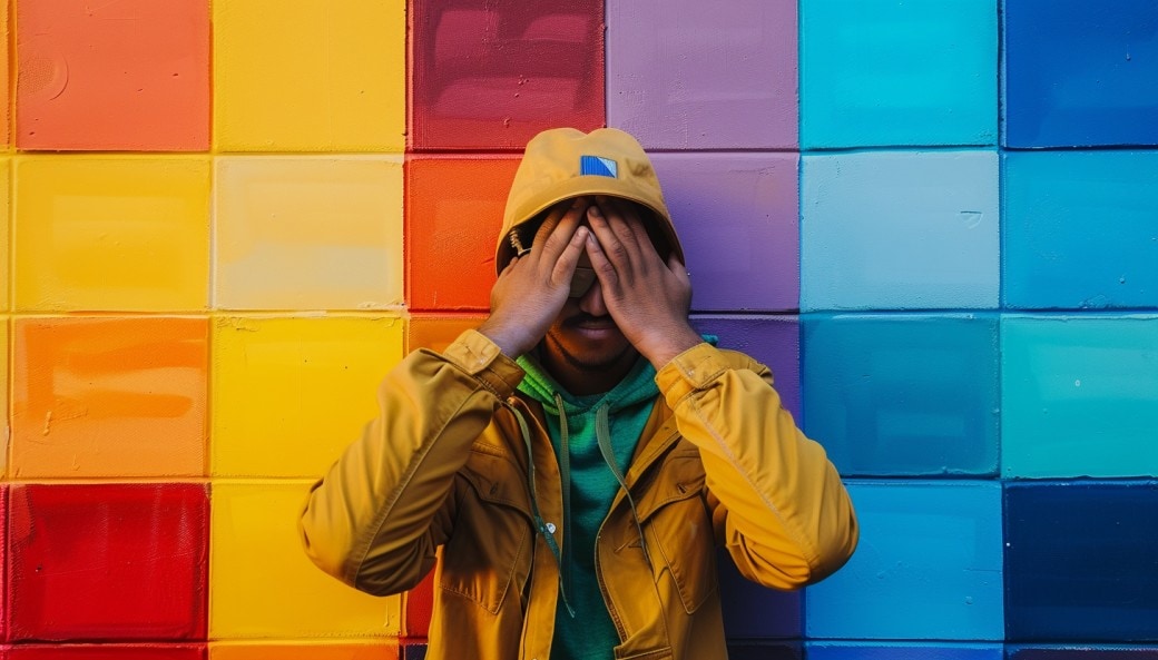 Man covering his face with his hands in front of coloured acoustic wall panels