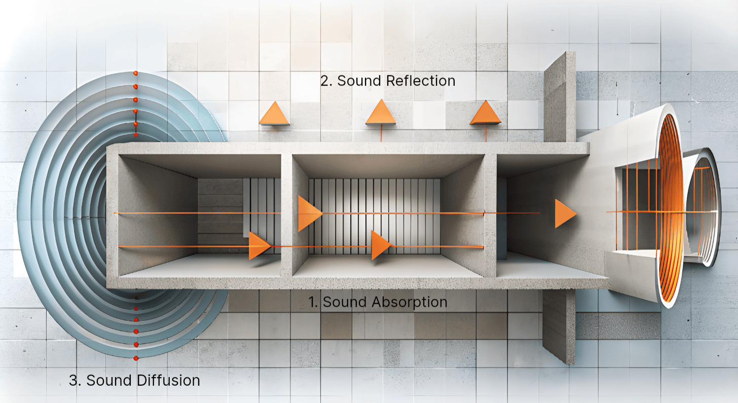 sound hitting of a building in a diagram format with arrows pointing to the Sound Absorption, Sound Reflection, Sound Diffusion, grey colouring