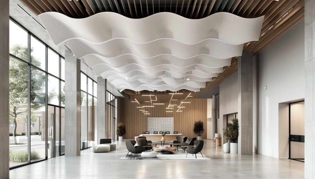 Suspended acoustic ceiling tiles in ireland office space. Cream coloured theme