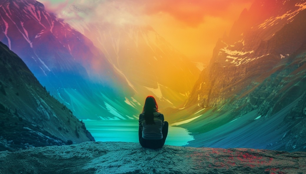 Women on the edge of a cliff relaxed and calm rainbow hue colour palett