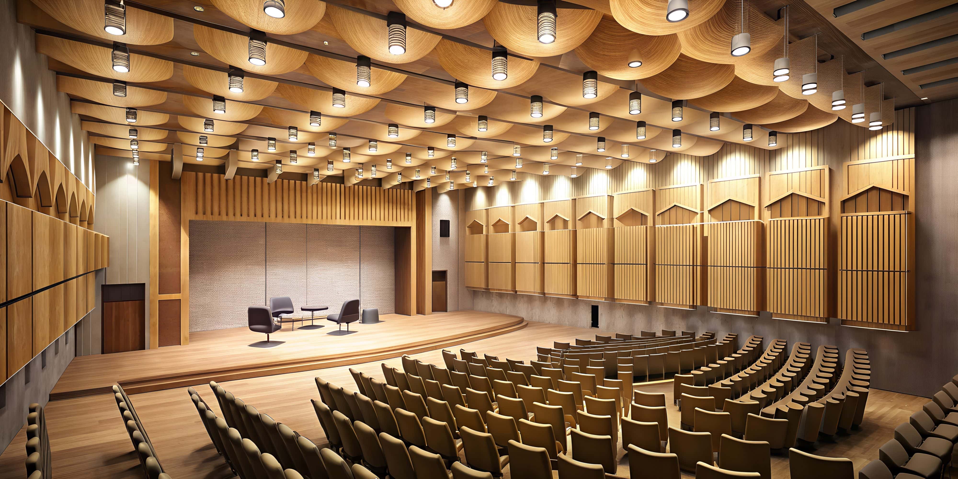 a theatre with wooden acoustic panels ceiling han