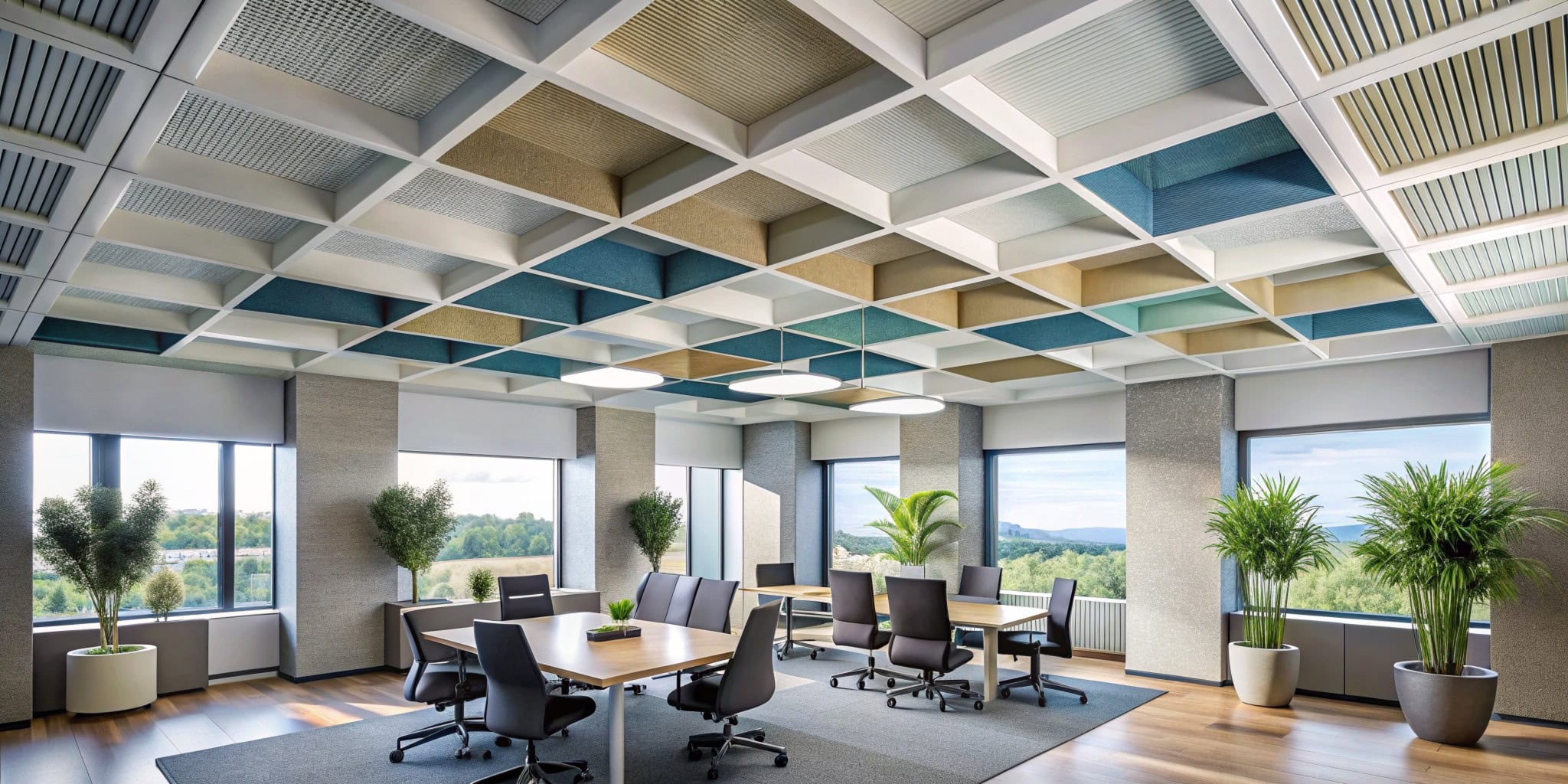 acoustic ceiling panels hanging from a ceiling tha