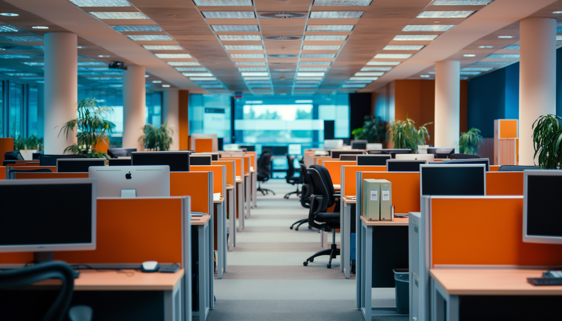 The image depicts a modern office environment with a spacious and well-lit layout. Rows of desks equipped with computers are organised into cubicles with orange dividers. The ceiling is lined with recessed lighting, and large windows in the background allow natural light to flood the space. The office is decorated with several potted plants, contributing to a fresh and welcoming atmosphere. The overall setting is clean, orderly, and designed to support a productive work environment.